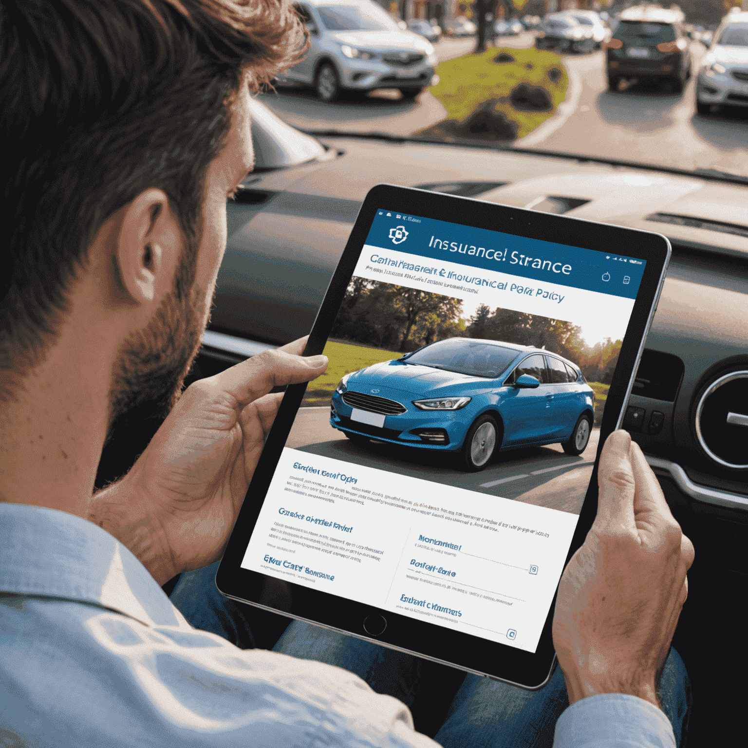 Een persoon die op een tablet een gepersonaliseerde autoverzekeringspolis bekijkt