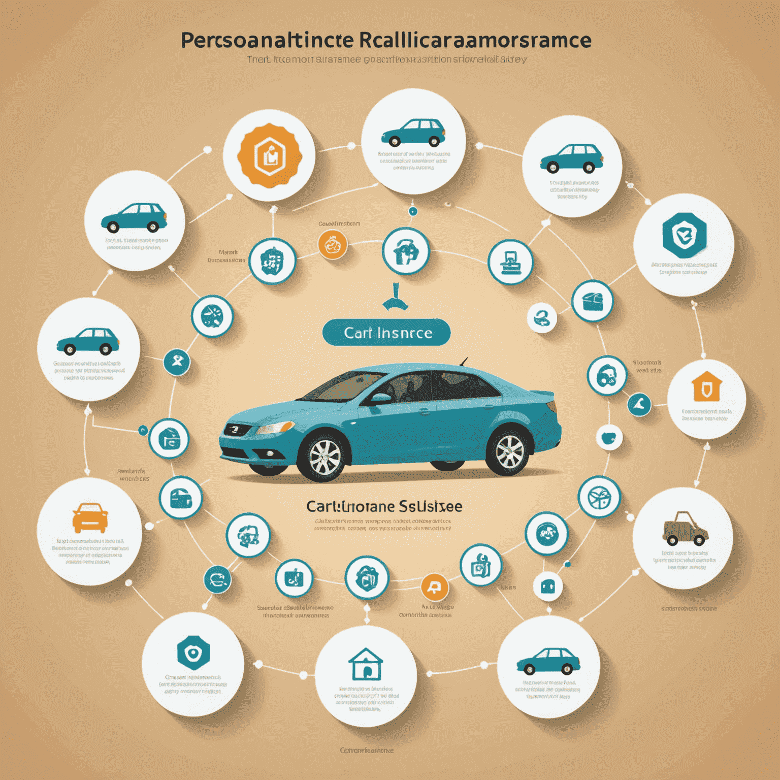 Een schematische weergave van het personalisatieproces voor autoverzekeringen, met iconen die de stappen van behoefteanalyse tot op maat gemaakte polis illustreren.